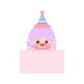 Cartoon cute little birthday hat princess elf holding light pink memo. Frame for photo, text, note, label.