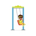 Cartoon little black girl riding on swing and waving hand. Flat child character having good time on playground at park