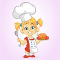 Cartoon cute little blond girl in apron and chef`s hat serving roasted thanksgiving turkey Royalty Free Stock Photo