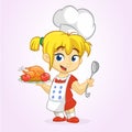 Cartoon cute little blond girl in apron and chef`s hat serving roasted thanksgiving turkey Royalty Free Stock Photo