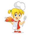 Cartoon cute little blond girl in apron and chef`s hat serving roasted thanksgiving turkey Royalty Free Stock Photo