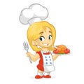 Cartoon cute little blond girl in apron and chef`s hat serving roasted thanksgiving turkey Royalty Free Stock Photo