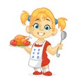 Cartoon cute little blond girl in apron serving roasted thanksgiving turkey Royalty Free Stock Photo