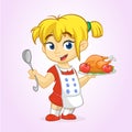 Cartoon cute little blond girl in apron serving roasted thanksgiving turkey Royalty Free Stock Photo