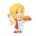 Cartoon cute little blond girl in apron serving roasted thanksgiving turkey Royalty Free Stock Photo