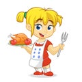 Cartoon cute little blond girl in apron serving roasted thanksgiving turkey Royalty Free Stock Photo