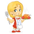 Cartoon cute little blond girl in apron serving roasted thanksgiving turkey Royalty Free Stock Photo