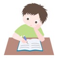 Cartoon cute little boy focus on reading book and writing notes in classroom. Child back to school series. Royalty Free Stock Photo