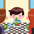 Cartoon Cute Little Boy Like To Eat Vegetables And Her Parents Appreciated Him