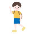 Cartoon cute little boy walking and wave his hand to his friends. Child back to school series. Royalty Free Stock Photo