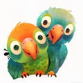 Cartoon cute little colorful parrots. Portrait, isolated on white background. Generative AI Royalty Free Stock Photo
