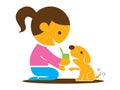 Cartoon cute little feeding food for puppy. Puppy shaking tail with little girl.