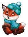 Cartoon cute little fox in knitted sweater and hat handmade watercolor New Year\'s illustration Royalty Free Stock Photo