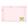 Cartoon cute little frog sticky note. Memo, sticker, label empty for text. Little animal to do list card.