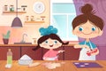 Cartoon cute little girl chef with mother cooking biscuit in the kitchen Royalty Free Stock Photo