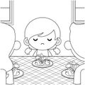 Coloring book for kids. Cartoon Cute Little Girl Not Want To Eat Vegetables And Her Parents Tries To Persuade Her Vector