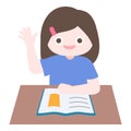 Cartoon cute little girl reading book and raising her hand for questions in classroom. Child back to school series. Royalty Free Stock Photo
