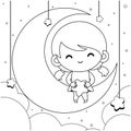 Illustration vector graphic of coloring book for kids. Cartoon Cute Little Girl Sitting On The Moon And Holding Stars In Her Lap. Royalty Free Stock Photo