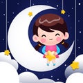 Cartoon Cute Little Girl Sitting On The Moon And Holding Stars In Her Lap Royalty Free Stock Photo