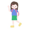 Cartoon cute little girl walking and wave her hand to her friends. Child back to school series.