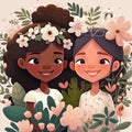 Cartoon cute little girls with flowers. Anime characters, smiling kids faces, two children on floral background Royalty Free Stock Photo