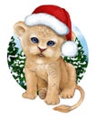 Cartoon cute little lion cub in a New Year\'s hat hand-painted watercolor Royalty Free Stock Photo