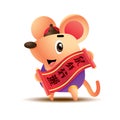 Cartoon cute little rat holds chinese calligraphy scroll. Rat chinese new year 2020.