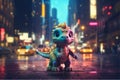Cartoon cute Tyrannosaurus T-Rex in the city