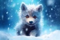 Cartoon cute little white wolf cub with kind eyes in winter on the snow Royalty Free Stock Photo