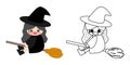 Cartoon cute little young black witch flying with broom. Kid Halloween cosplay. Side view character. Set of colored and line art