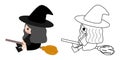 Cartoon cute little young black witch flying with broom. Kid Halloween cosplay. Side view character. Set of colored and line art.