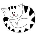 Cartoon cute lying cat. White cat with black strips. Illustration isolated on a white background in doodle style.