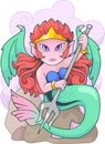 Cute mermaid with a trident in his hands, funny illustration