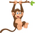 Cartoon cute monkey hanging on tree branch. Funny and adorable Royalty Free Stock Photo