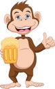 Cartoon cute monkey holding beer in the glass