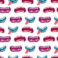 Cartoon cute monster mouths seamless pattern with different emotional expressions. Teeth, tongue, mouth collection