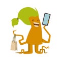 Cartoon cute monster shopping vector character illustration.