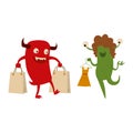 Cartoon cute monster shopping vector character illustration.