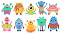 Cartoon cute monsters. Flat colorful monster, characters with eyes, horns. Cute funny aliens, kids friendly ugly mascots Royalty Free Stock Photo