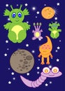 Cartoon cute monsters space of astronauts. aliens. rocket. planets. comets. Vector Royalty Free Stock Photo