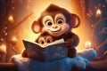 cartoon cute mother monkey reads a book to her baby before bed