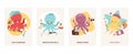 Cartoon multitasking octopuses motivating cards vector illustration. Builder, like a handyman. Hairdresser, improve your