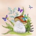 Cartoon cute mushroom on floral background Sweet fairy watercolor illustration Spring magic environment Fantasy children scenery Royalty Free Stock Photo