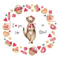 Cartoon cute otter wishes Happy Valentine's Day. Watercolor hand drawn illustration isolated on white background Royalty Free Stock Photo