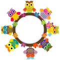 Cartoon cute owls round frame for kids Royalty Free Stock Photo