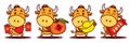 Cartoon cute Ox character set holding Red Packet, Tangerine Orange, Gold Ingot and Scroll couplet. Royalty Free Stock Photo