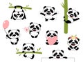 Cartoon cute panda. Baby pandas, asian bear with bamboo. Wild funny animal, diverse pose characters. Isolated kawaii kid Royalty Free Stock Photo