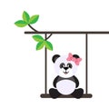 Cartoon cute panda girl with bow on a swing and on a branch Royalty Free Stock Photo