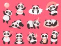 Cartoon cute panda. Little baby pandas, adorable sleeping animals and pink princess panda bear vector illustration set