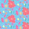 Cartoon cute pattern with colorful doodle flowers